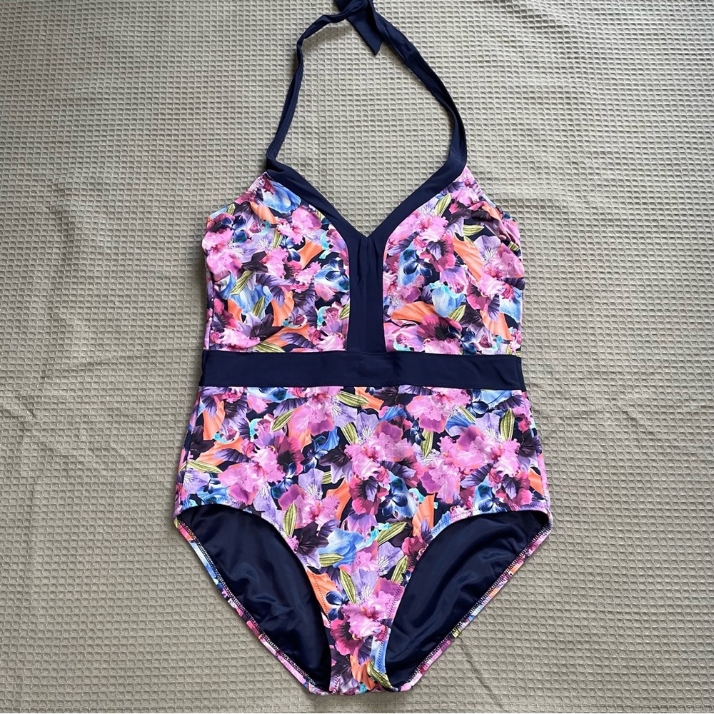 Lands End One Piece Swimsuit 14 Womens V-Neck Tummy Control Floral Halter